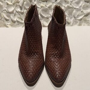 Woven Pointed Ankle Booties in Dark Brown